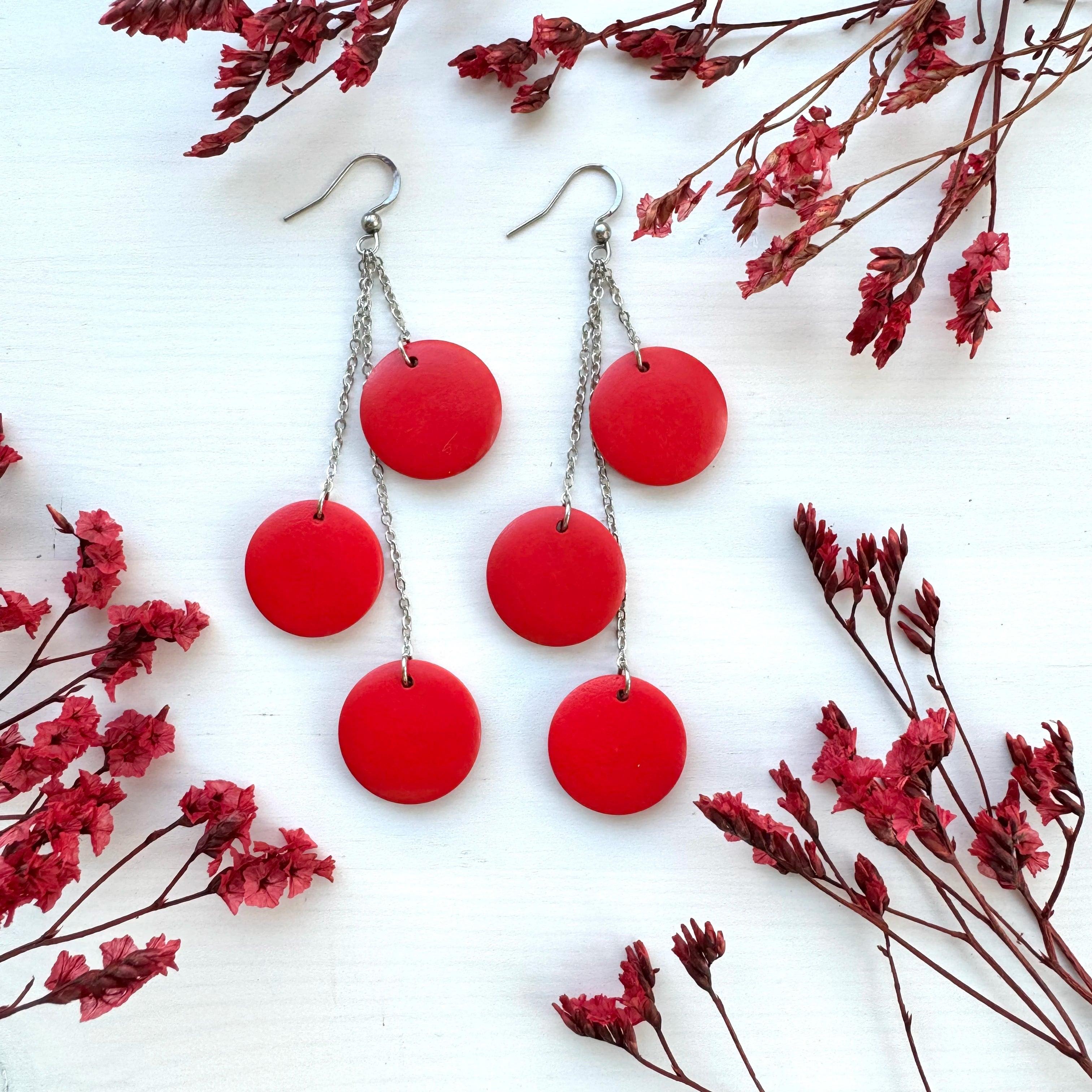 Wooden earrings, Ilona three-piece wooden bead earrings (red)