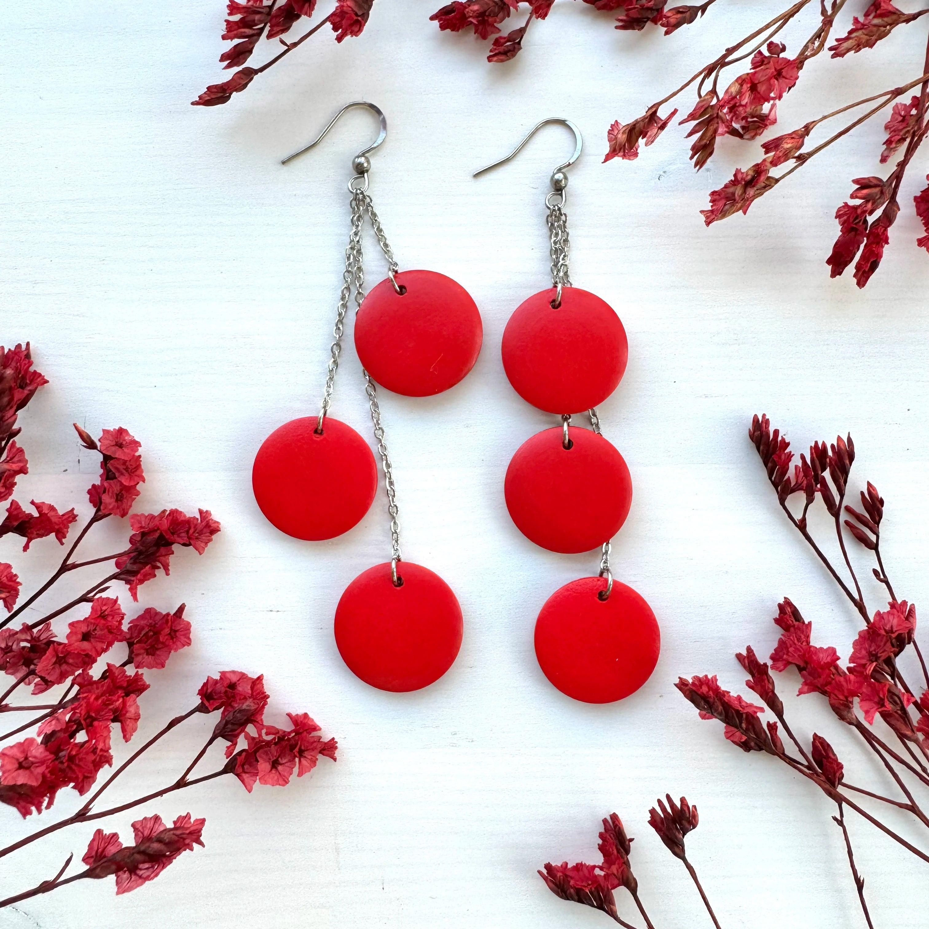 Wooden earrings, Ilona three-piece wooden bead earrings (red)