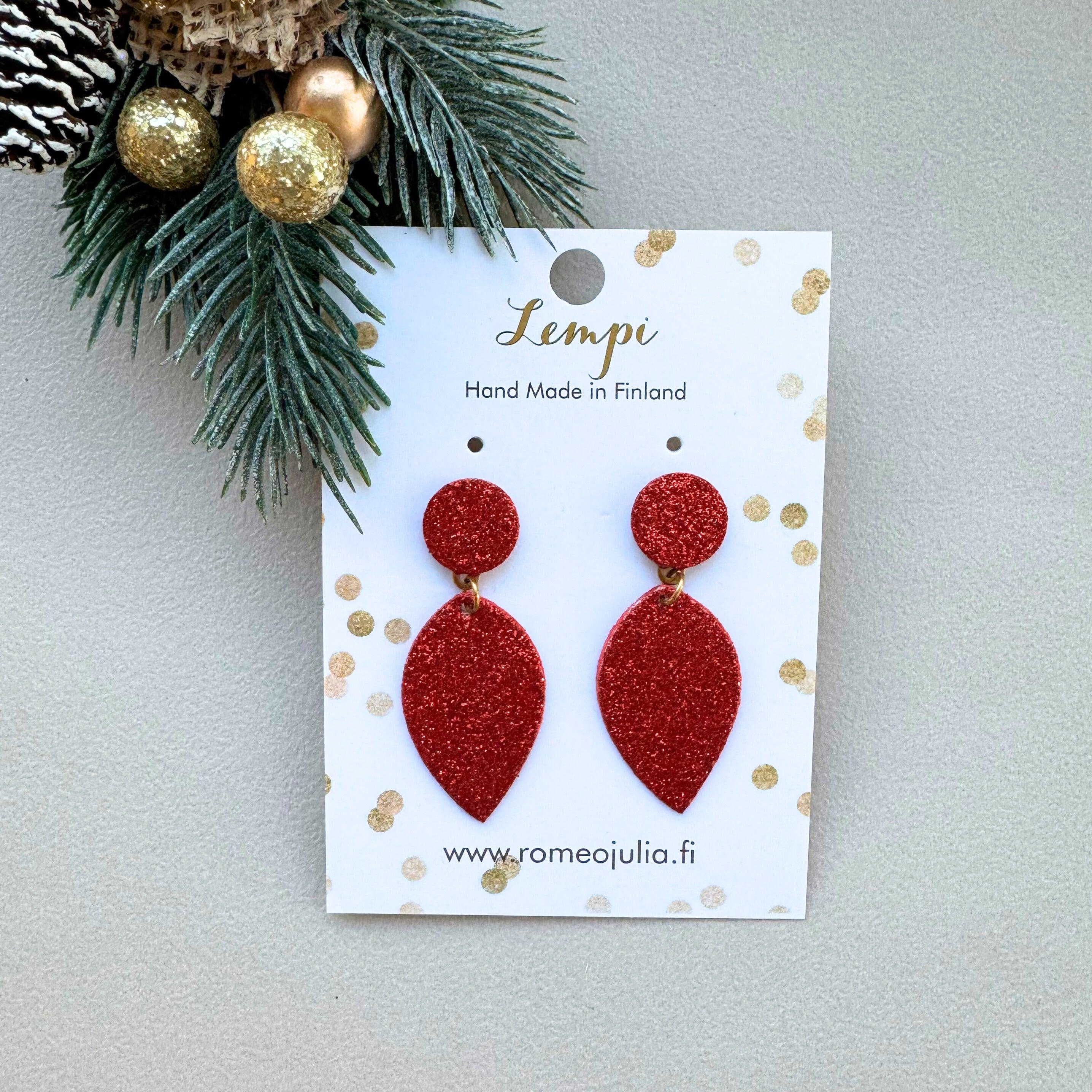 LEMPI earrings, Leaf (red glitter / gold)