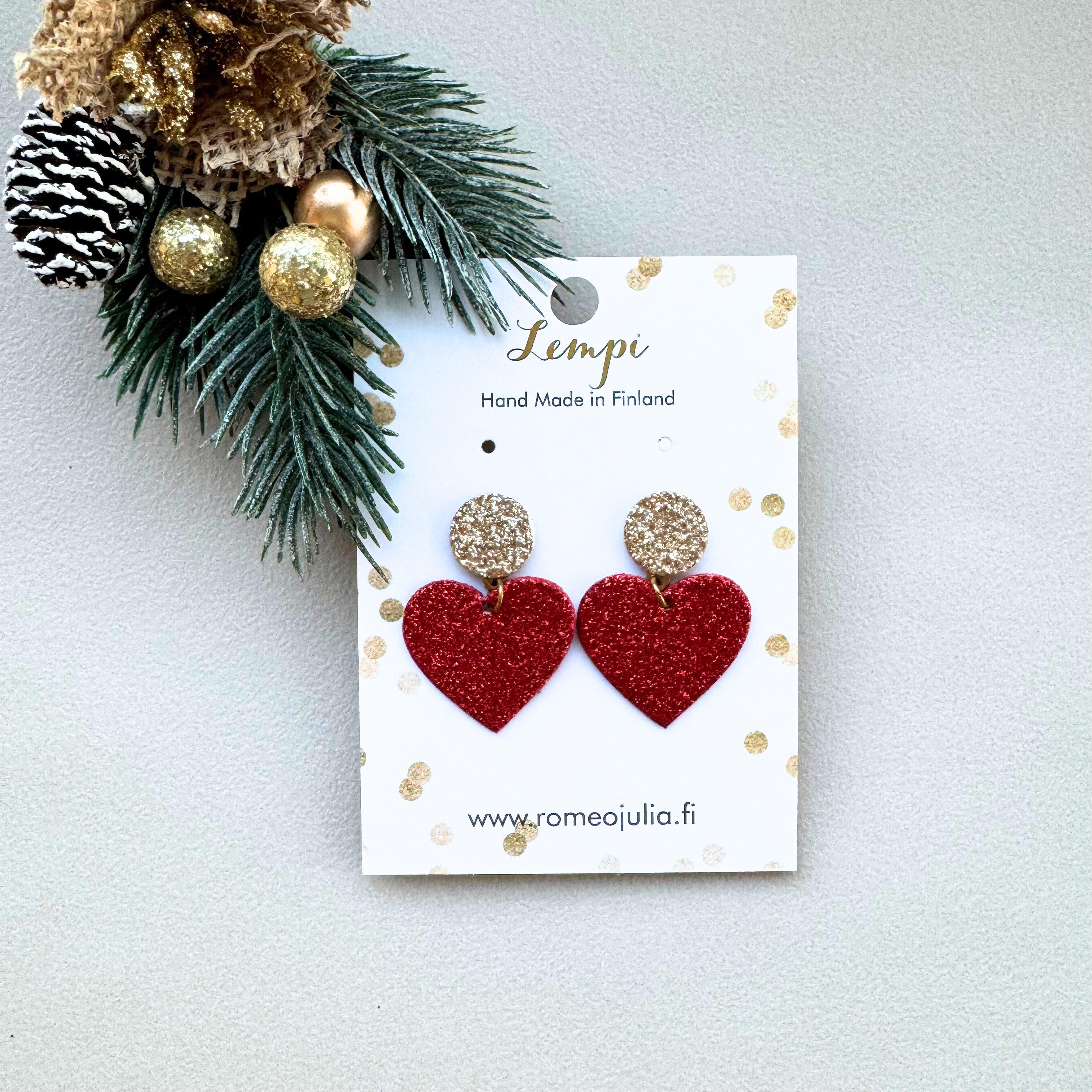 LEMPI® earrings, Tender heart earrings (red / gold glitter)