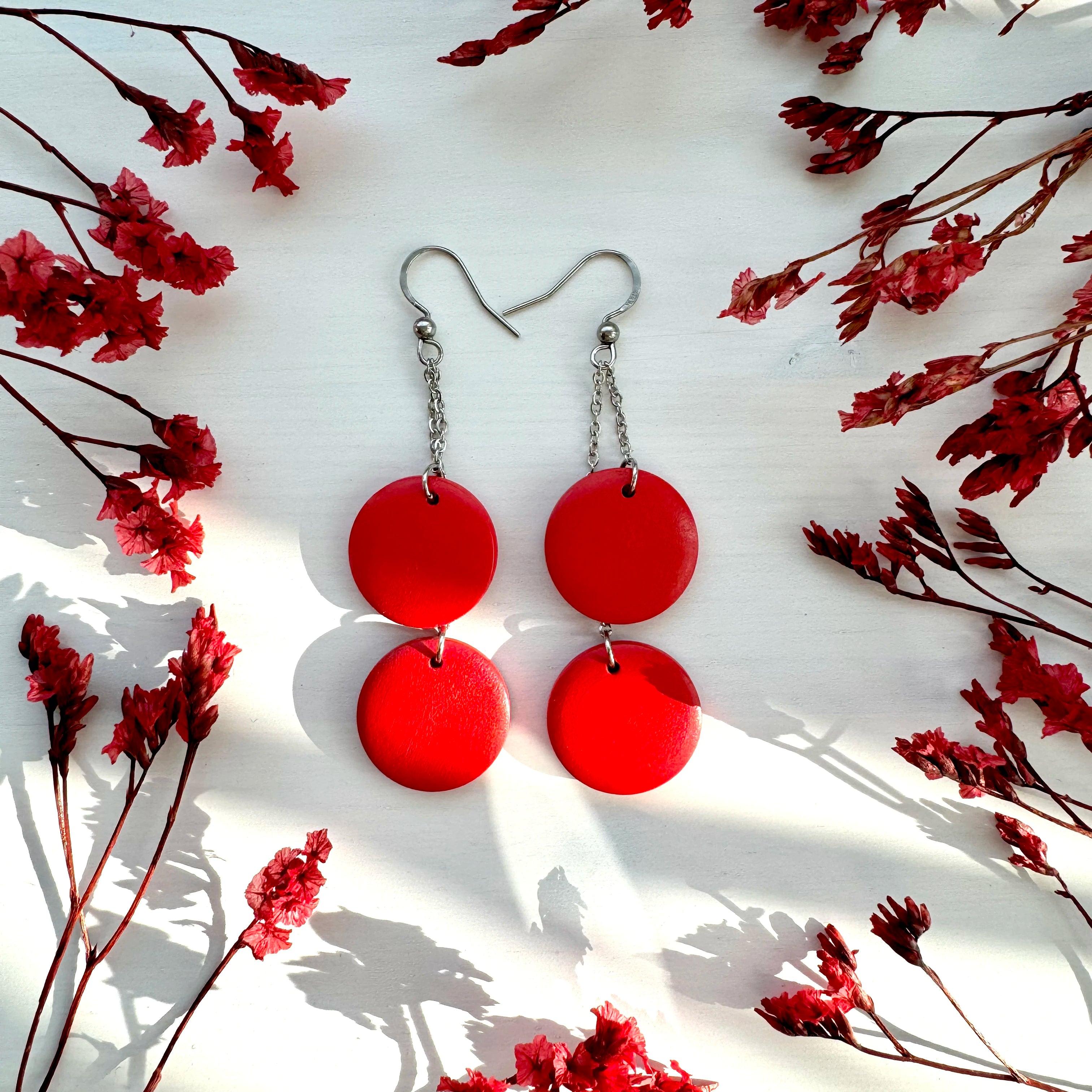 Wooden earrings, Ilona -two-piece wooden bead earrings (red)