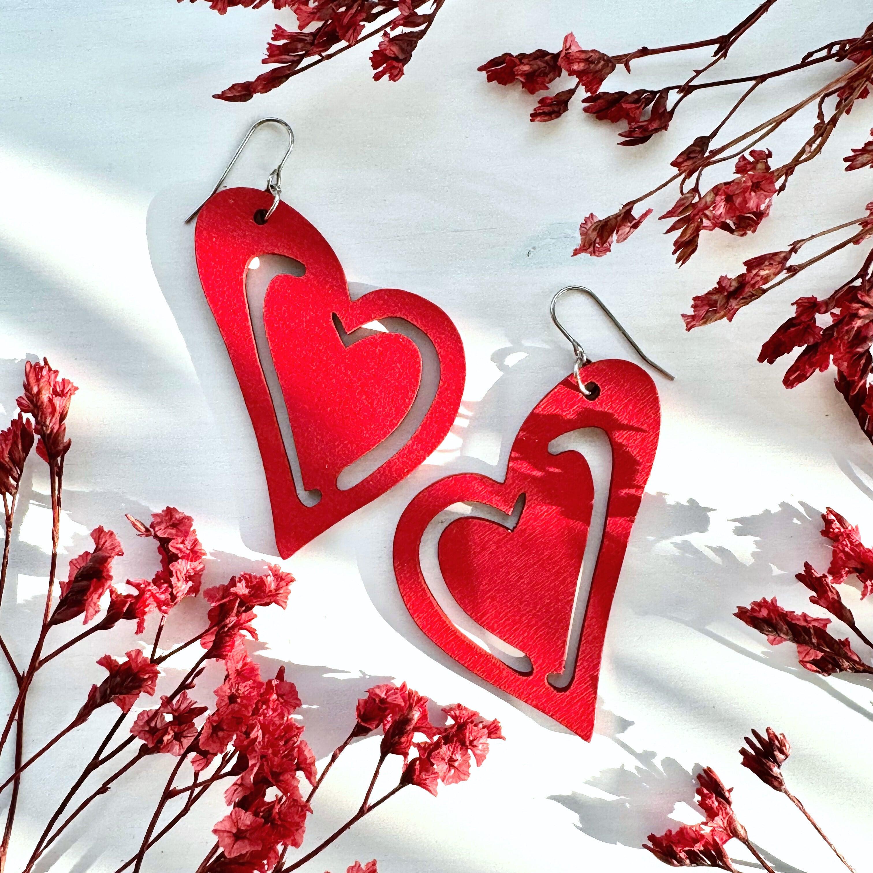 Wooden earrings, Elina - red heart-shaped wooden earrings