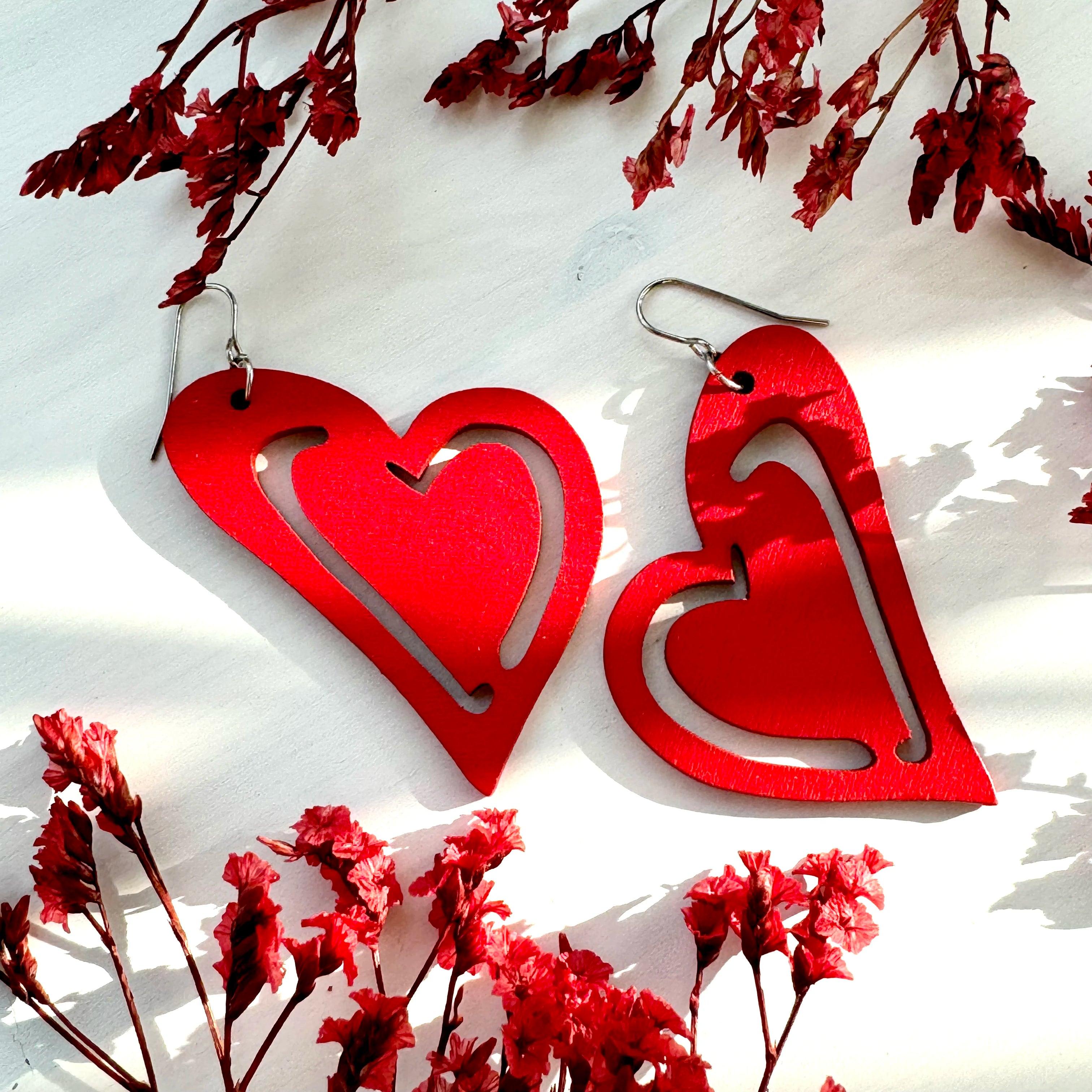 Wooden earrings, Elina - red heart-shaped wooden earrings