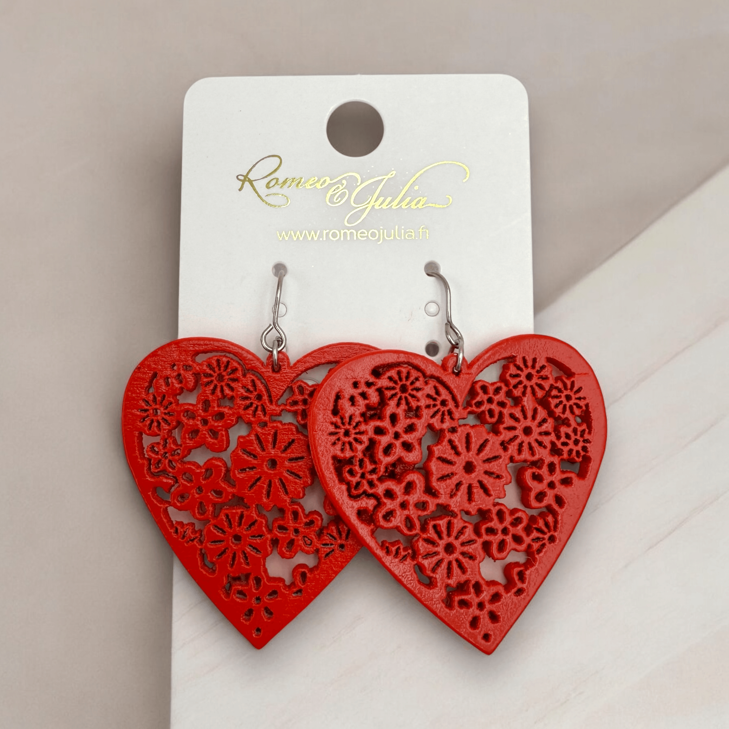 Wooden earrings, Heart (red lace-decorated wooden earrings)