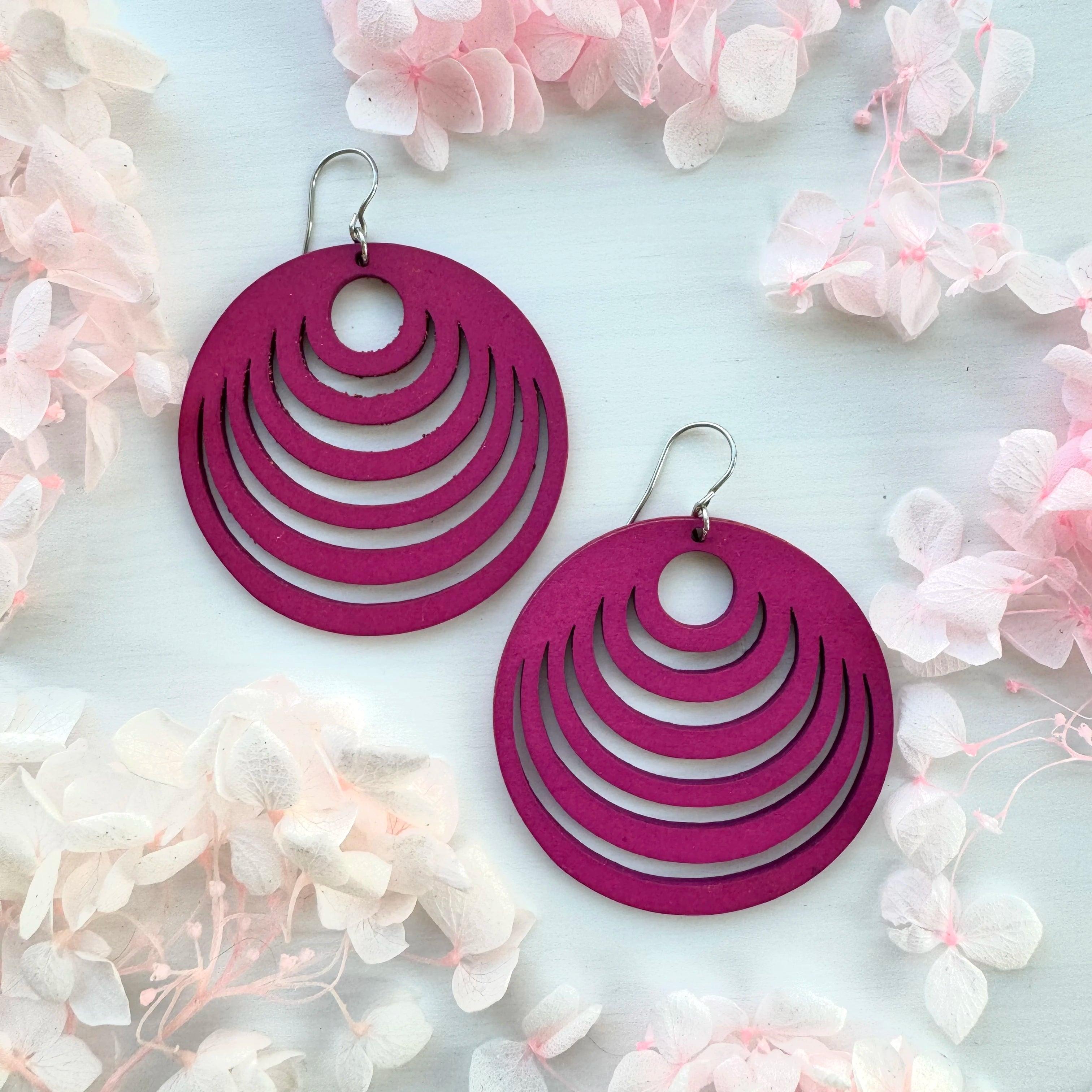 Wooden earrings, Berries -purple pink round wooden earrings