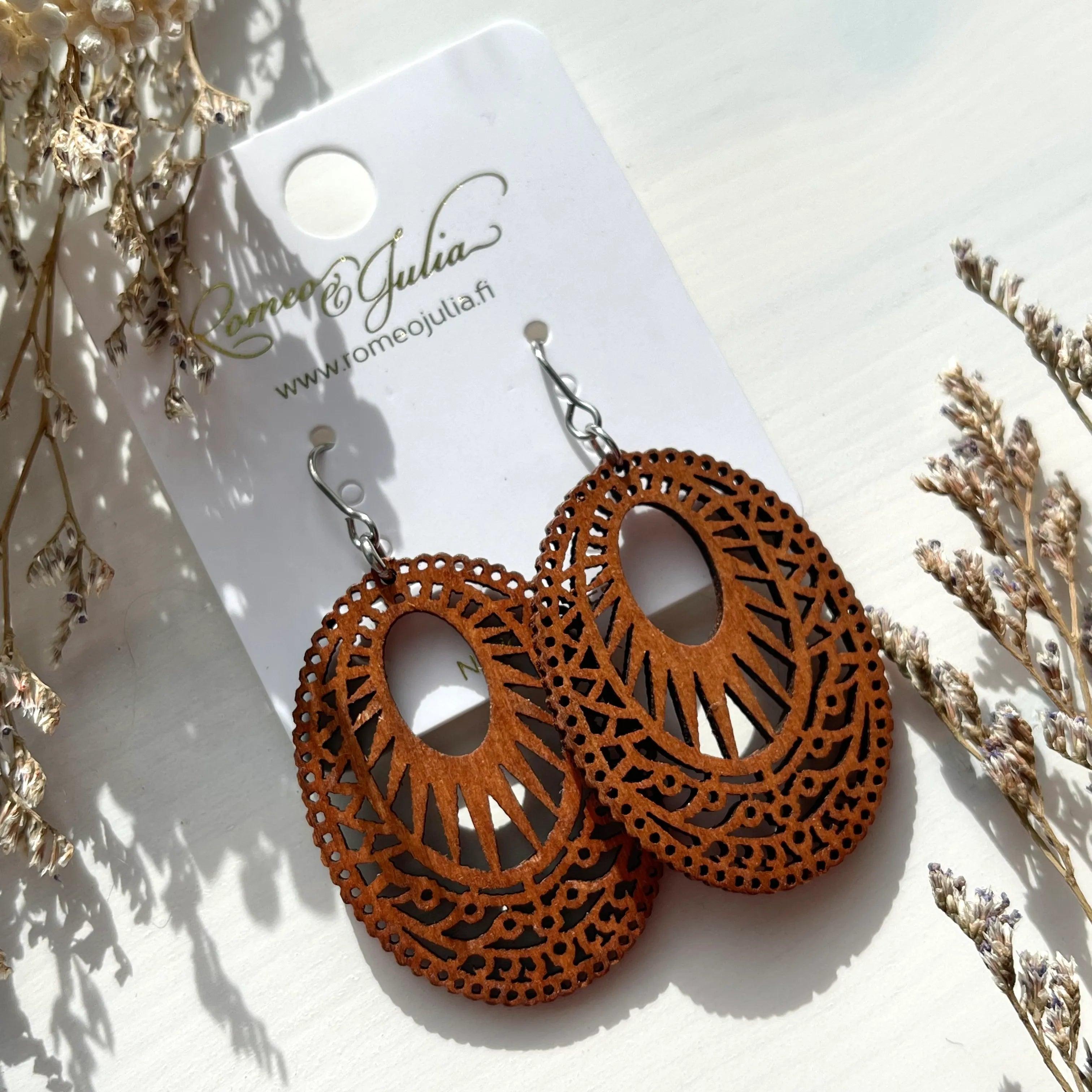 Earrings, Oval Brown Lace - brown lace-decorated wooden earrings