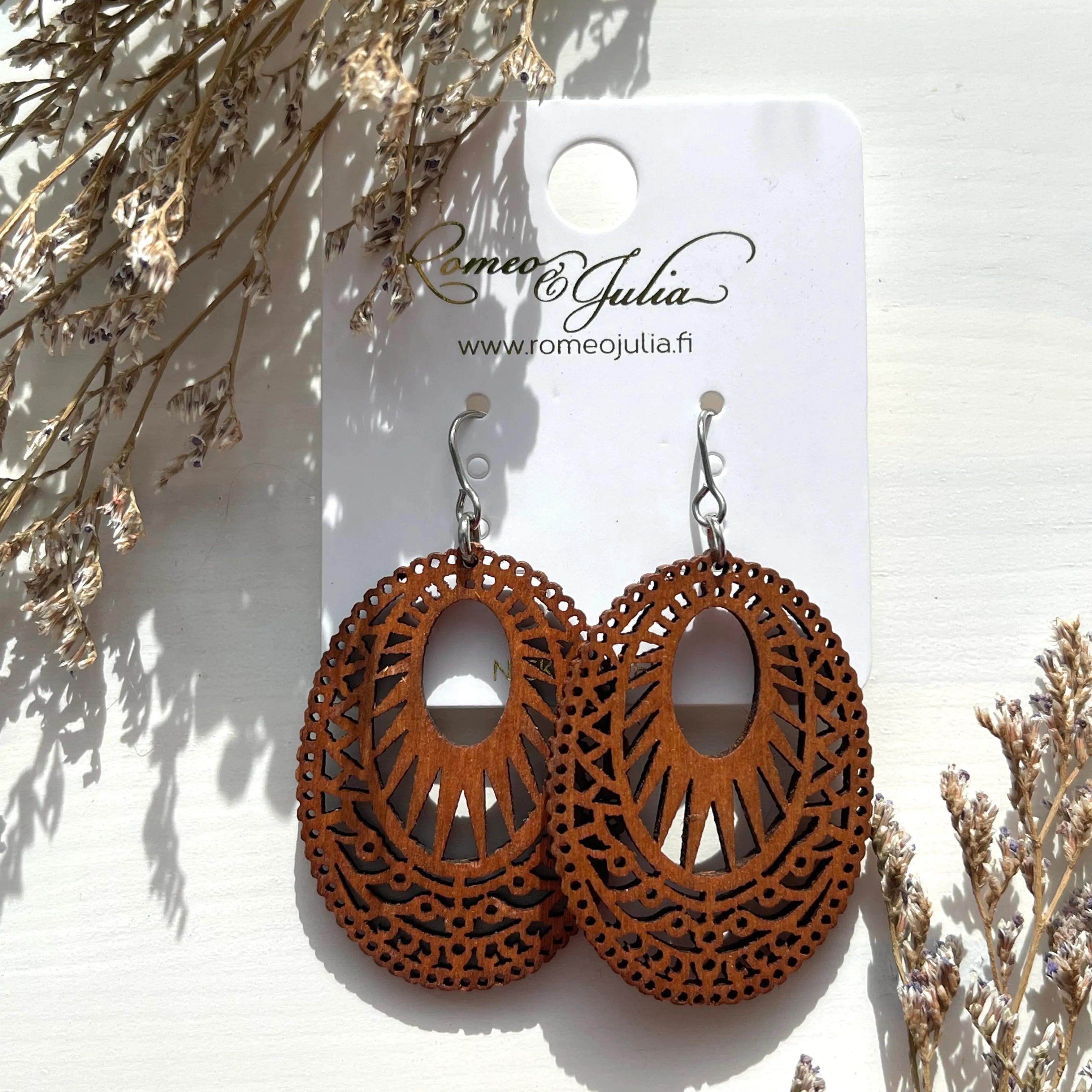 Earrings, Oval Brown Lace - brown lace-decorated wooden earrings