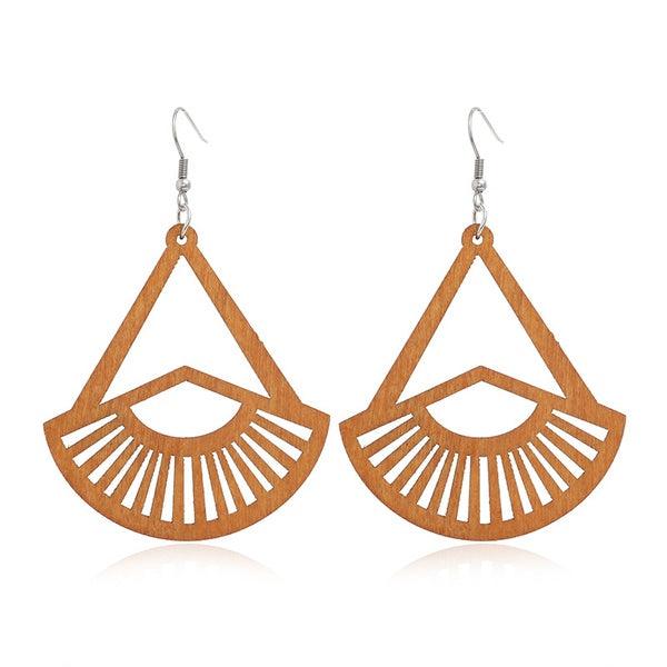 Wooden earrings, Verda - large fan-shaped earrings