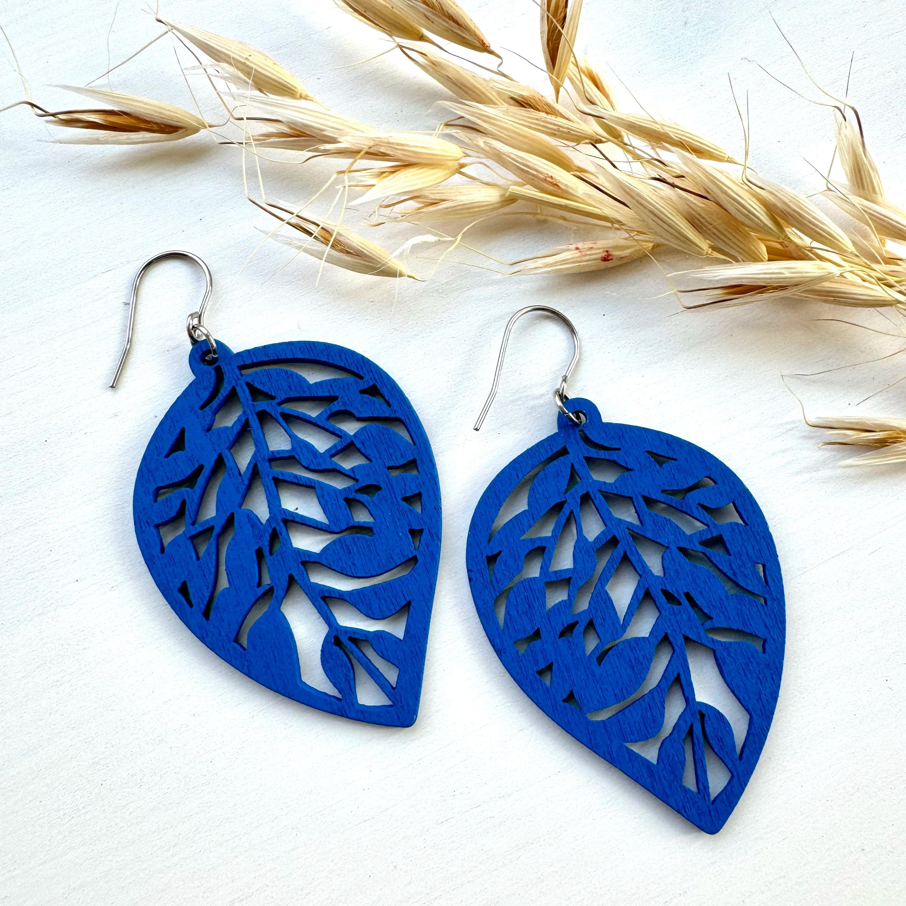 Wooden earrings, Leaf (short version) - blue wooden earrings