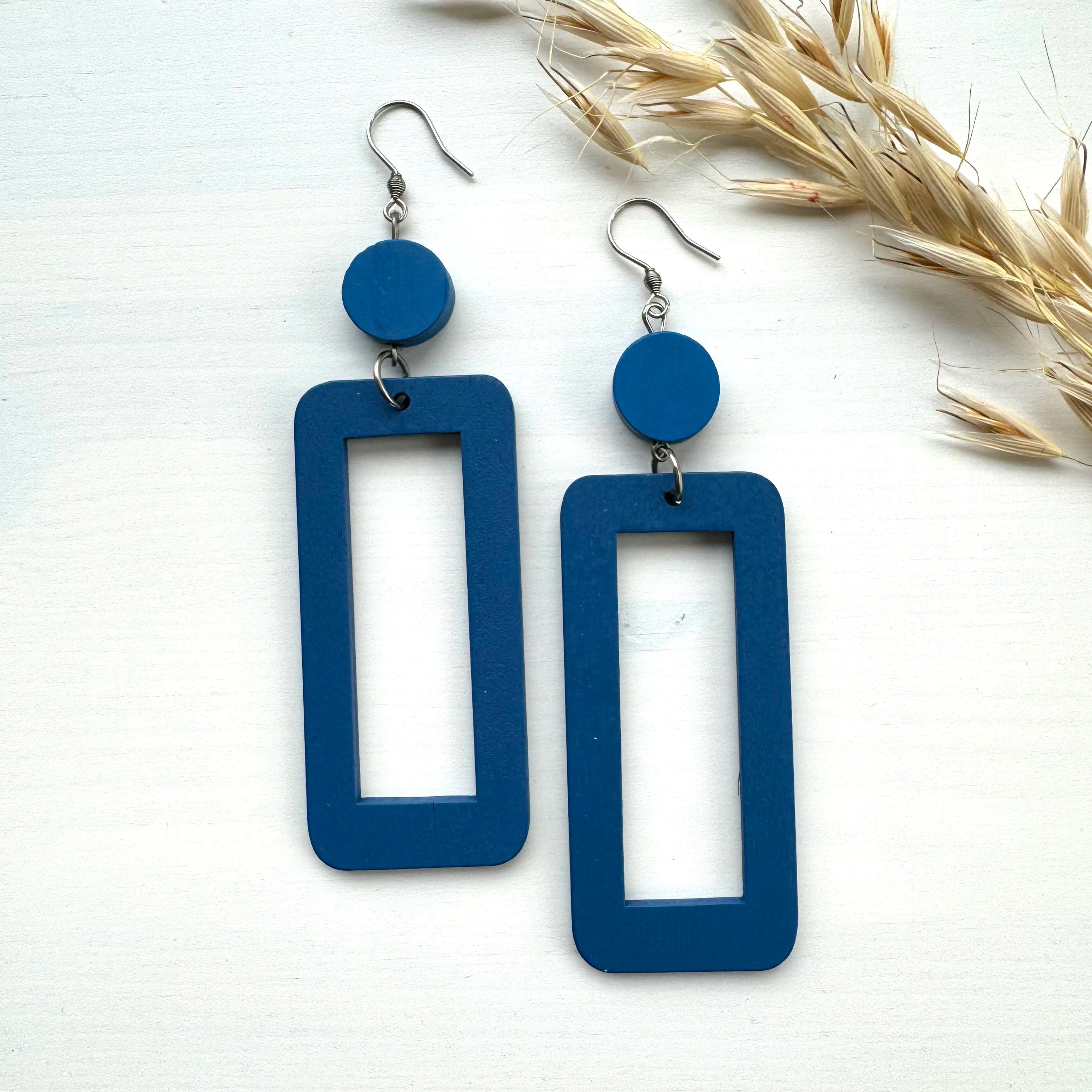 Wooden earrings, Eva blue modern wooden earrings