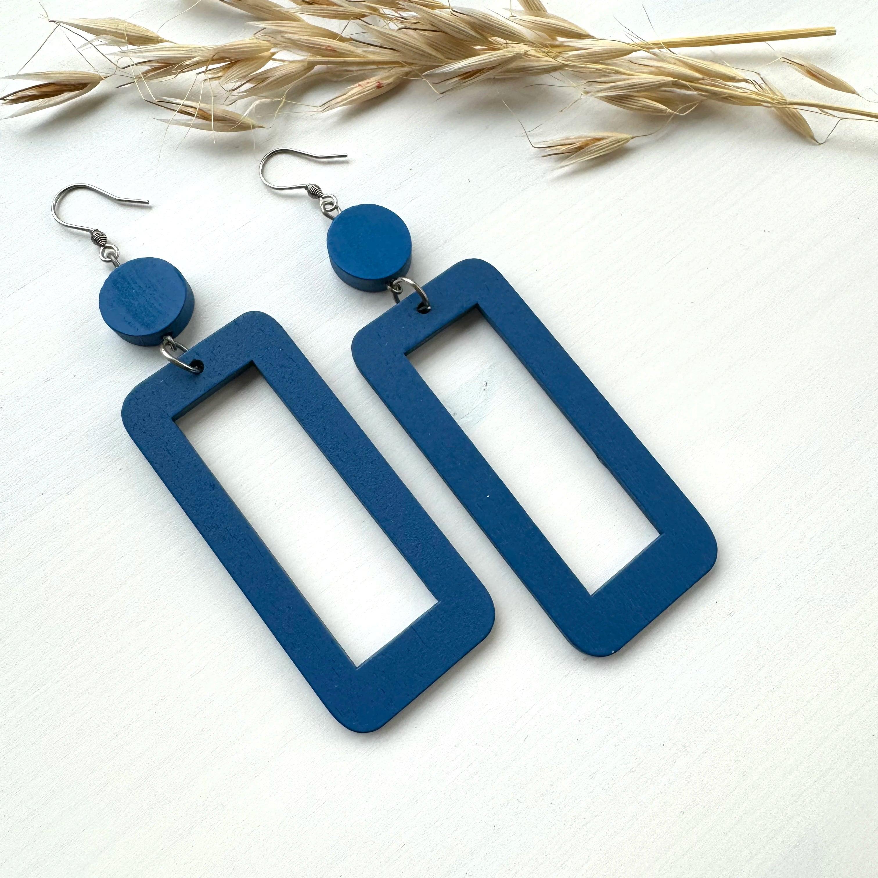 Wooden earrings, Eva blue modern wooden earrings