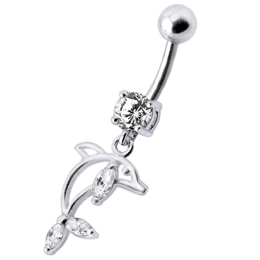 Titanium navel ring, Harper clear stone dolphin navel ring