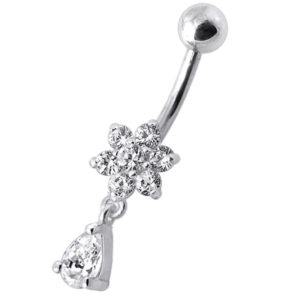 Titanium navel ring, Ella -clear stone flower decorated navel ring