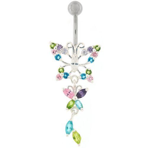 Titanium navel ring, Isla - multi-colored dangling butterfly navel ring