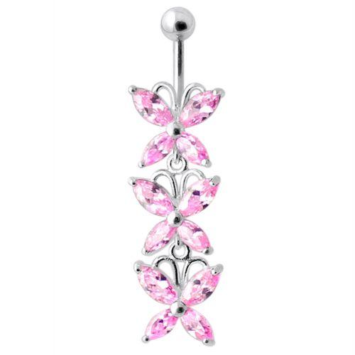 Titanium navel ring, Adeline pink dangling butterfly navel ring