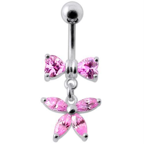 Titanium navel ring, Ariana - dangling pink bow navel ring