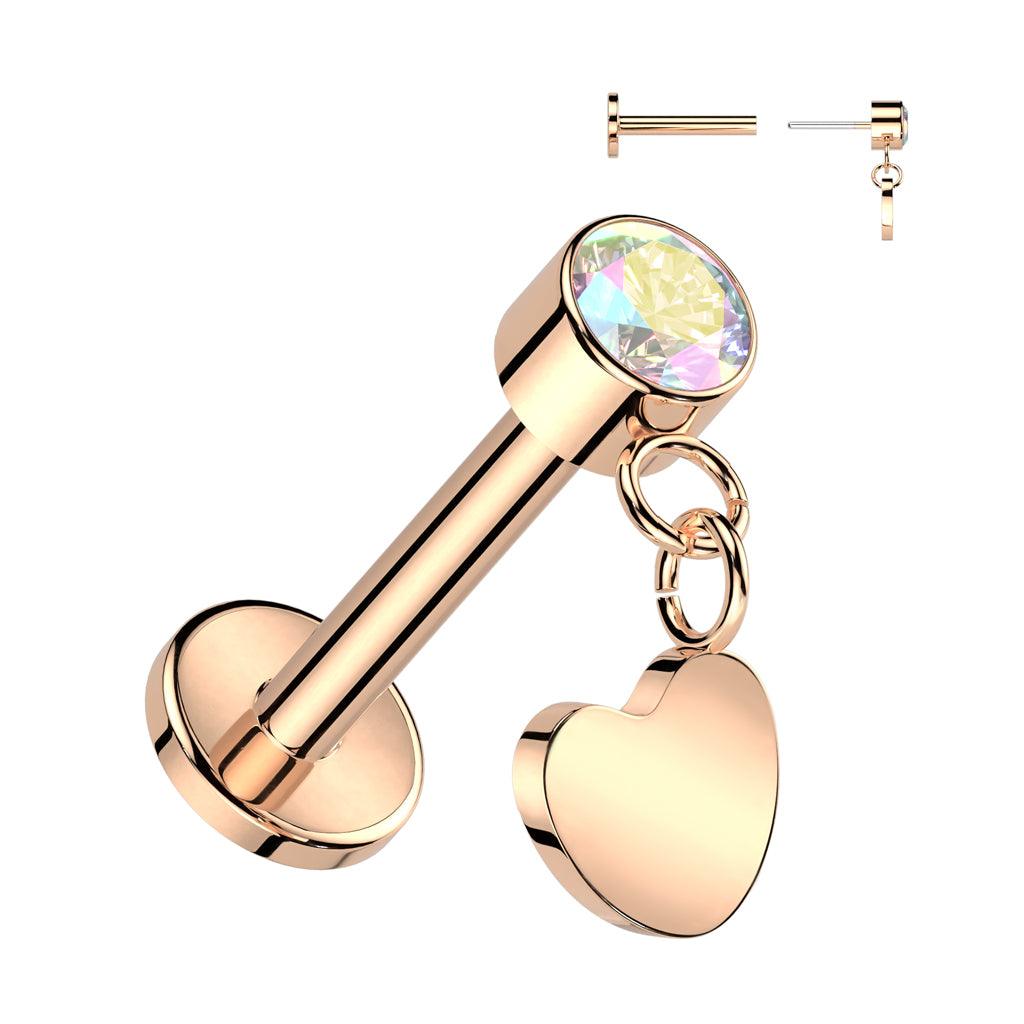 Titanium cartilage jewelry/tragus jewelry, Push In Dangly Heart in Rosegold