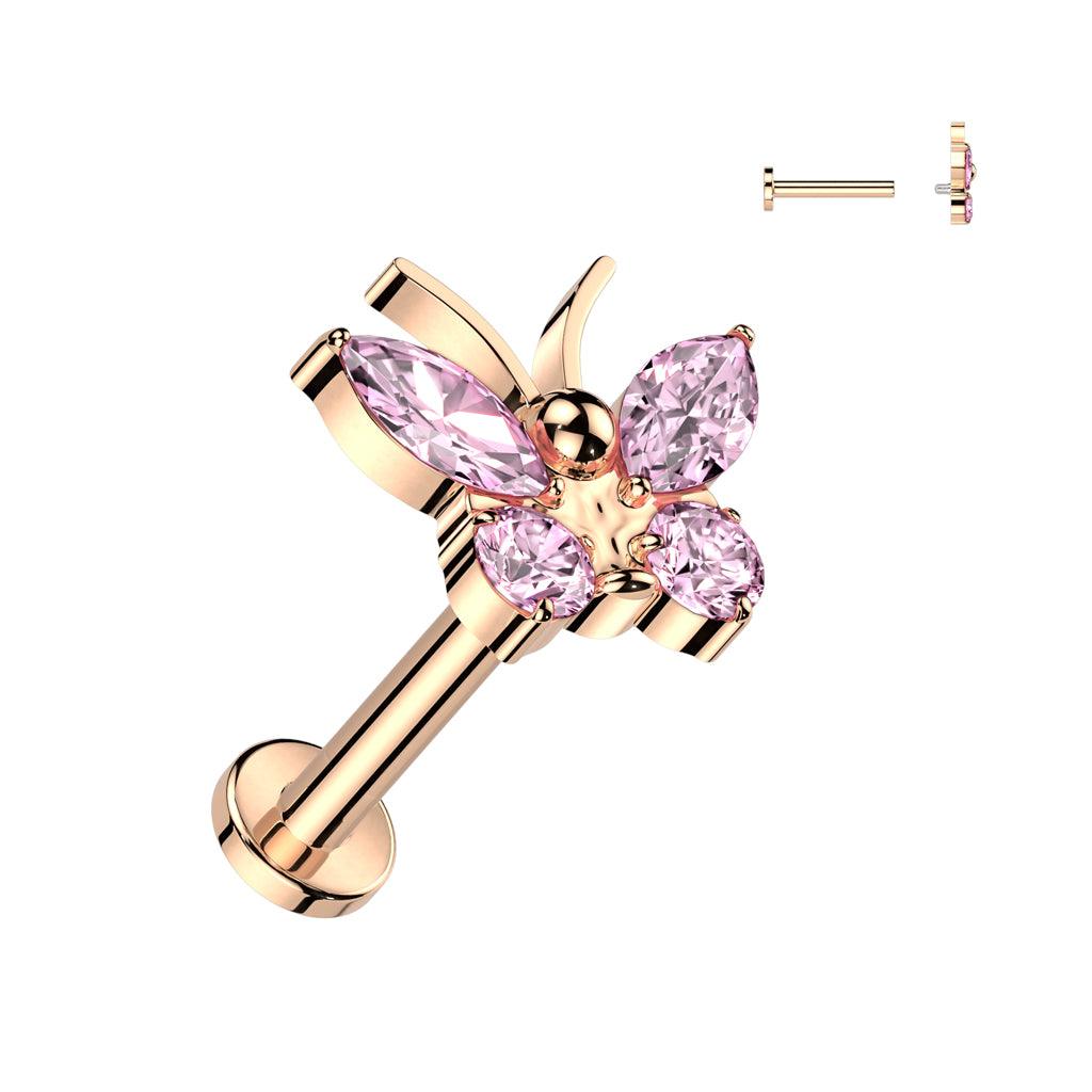 Titanium cartilage/tragus jewelry, Butterfly -glittery labret (gold)