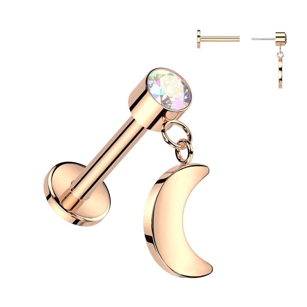 Titanium cartilage jewelry/tragus jewelry, Push In Dangly Moon in Rosegold AB