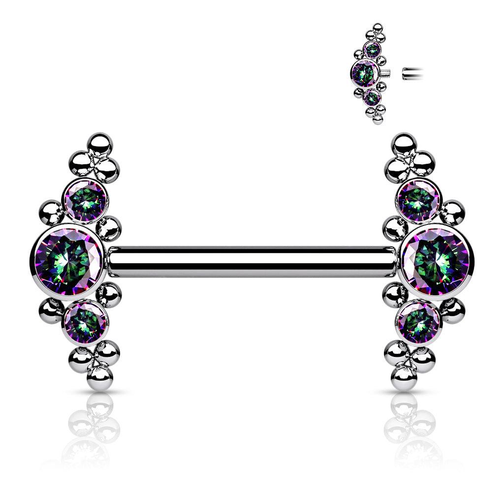 Nipple barbell, Titanium Nipple Barbells with Bezel Set CZ Multi