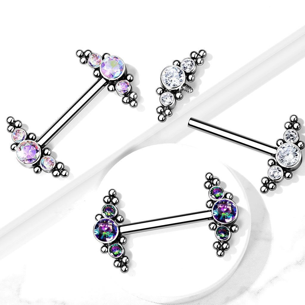 Nipple barbell, Titanium Nipple Barbells with Bezel Set CZ Multi