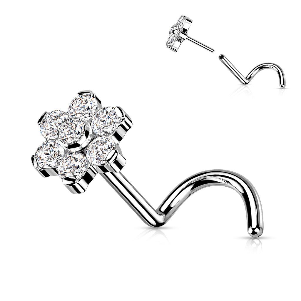 Nose stud 1mm, Flower titanium nose stud with push in decoration