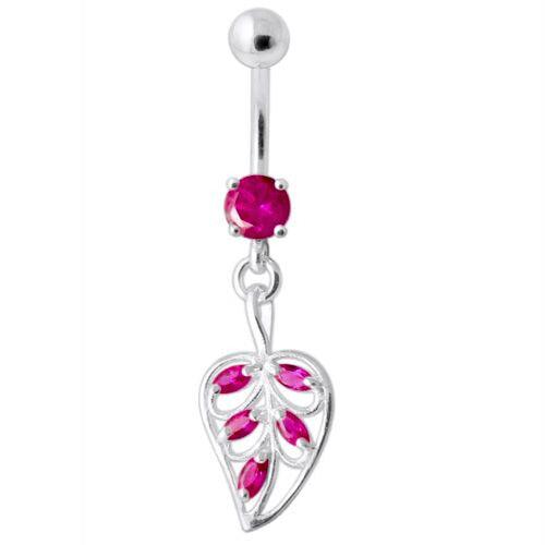 Titanium navel ring, dark pink navel ring with Magnolia leaf decoration 