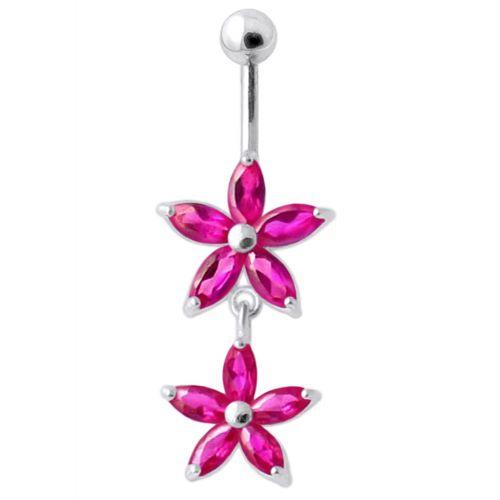 Titanium navel ring, Kinsley -dark pink dangling flower navel ring 