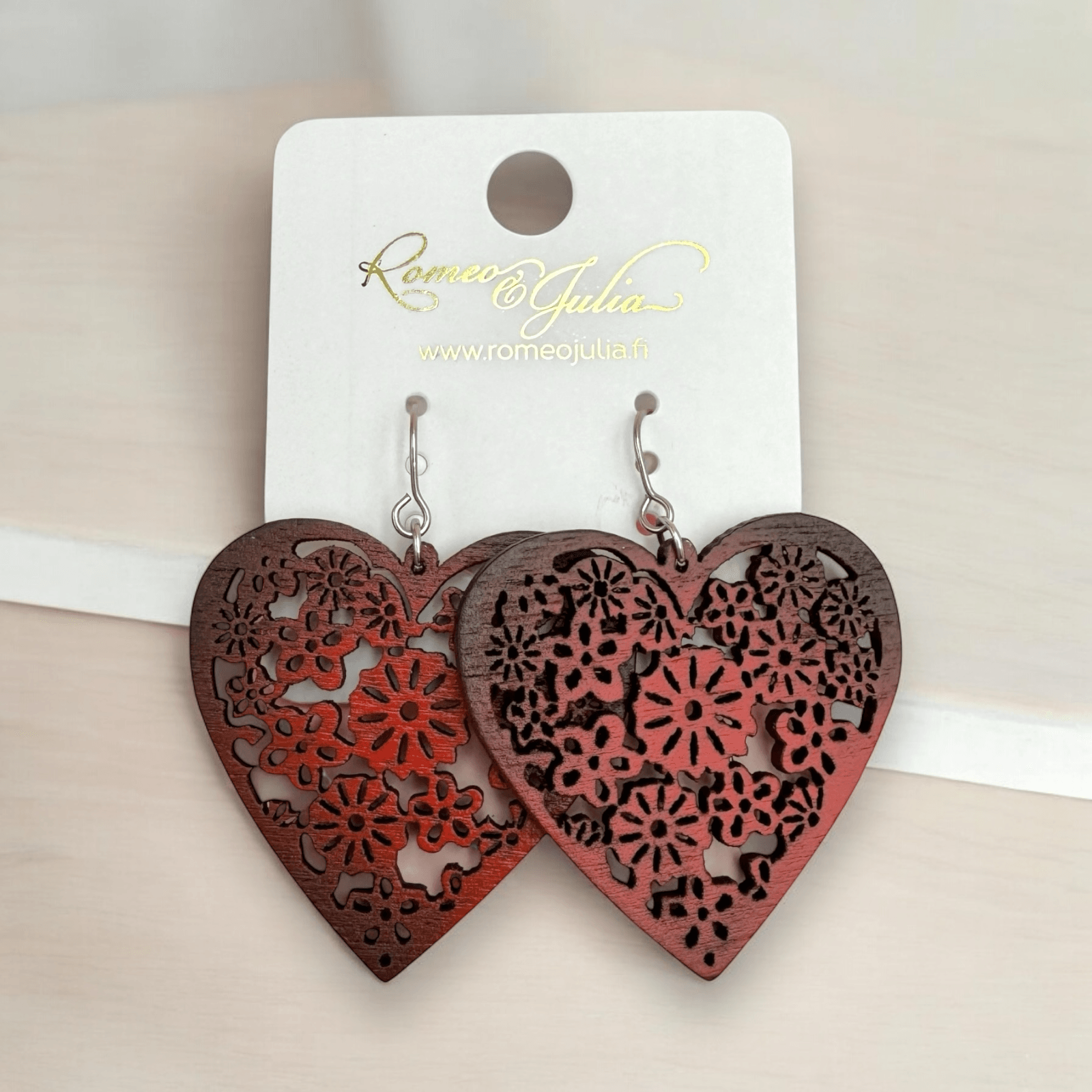 Wooden earrings, Heart (two-tone red wooden earrings)