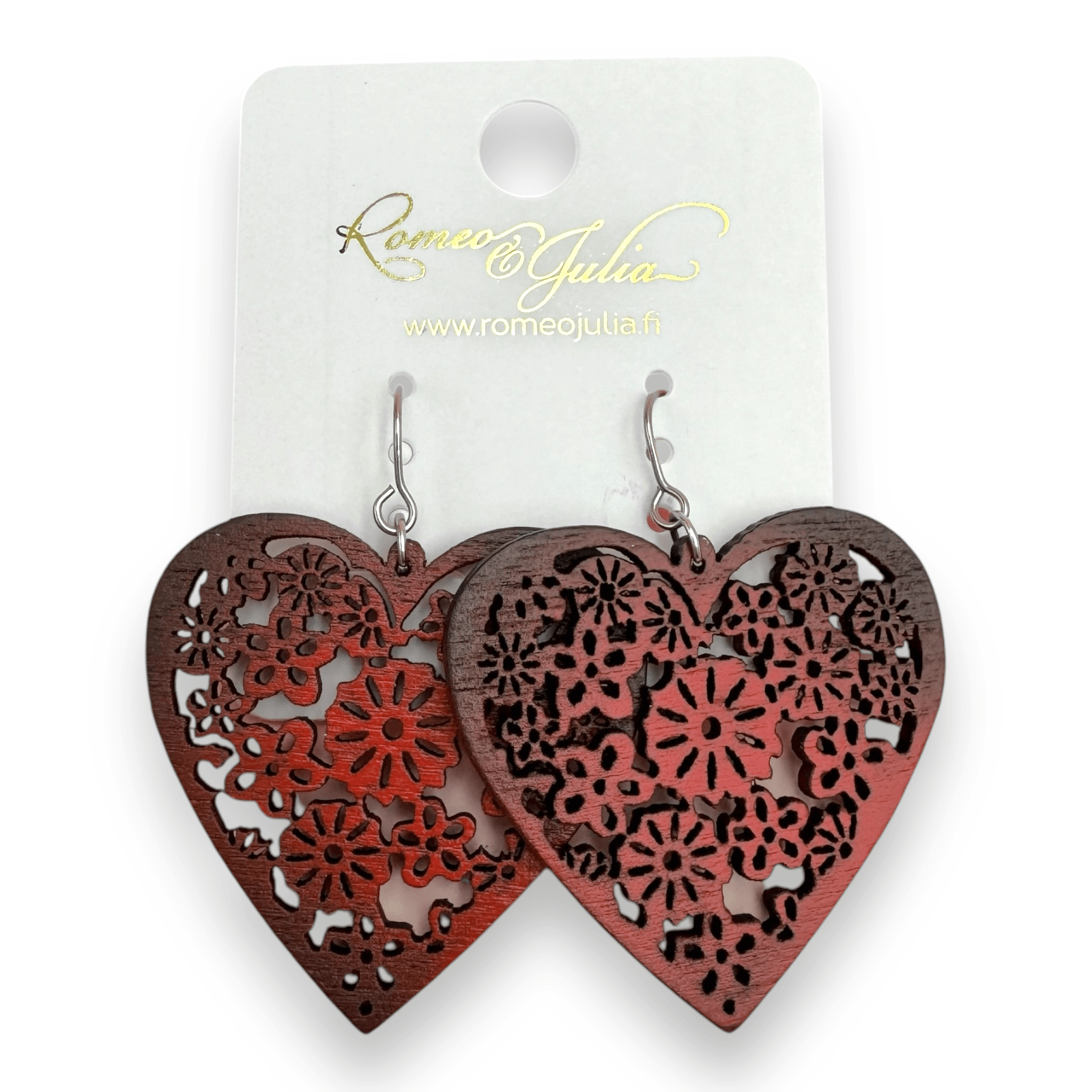 Wooden earrings, Heart (two-tone red wooden earrings)