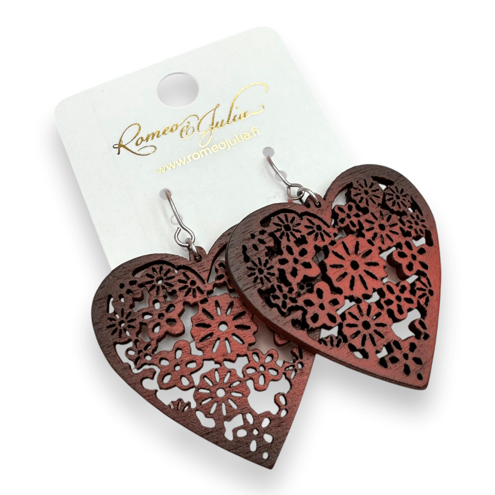 Wooden earrings, Heart (two-tone red wooden earrings)