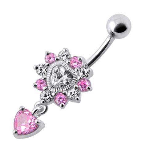 Titanium navel ring, Loving You pink dangling heart navel ring