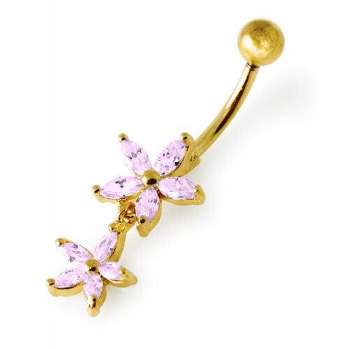 Gold-plated belly button ring, Destiny -dainty pink flower belly button ring