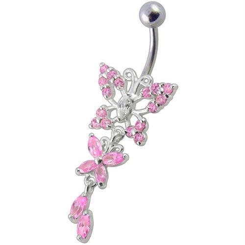 Titanium navel ring, Isla - pink dangling butterfly navel ring