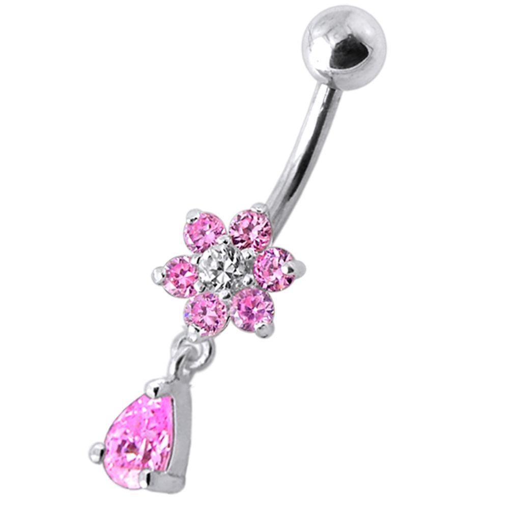 Titanium navel ring, Ella - pink stone flower decorated navel ring