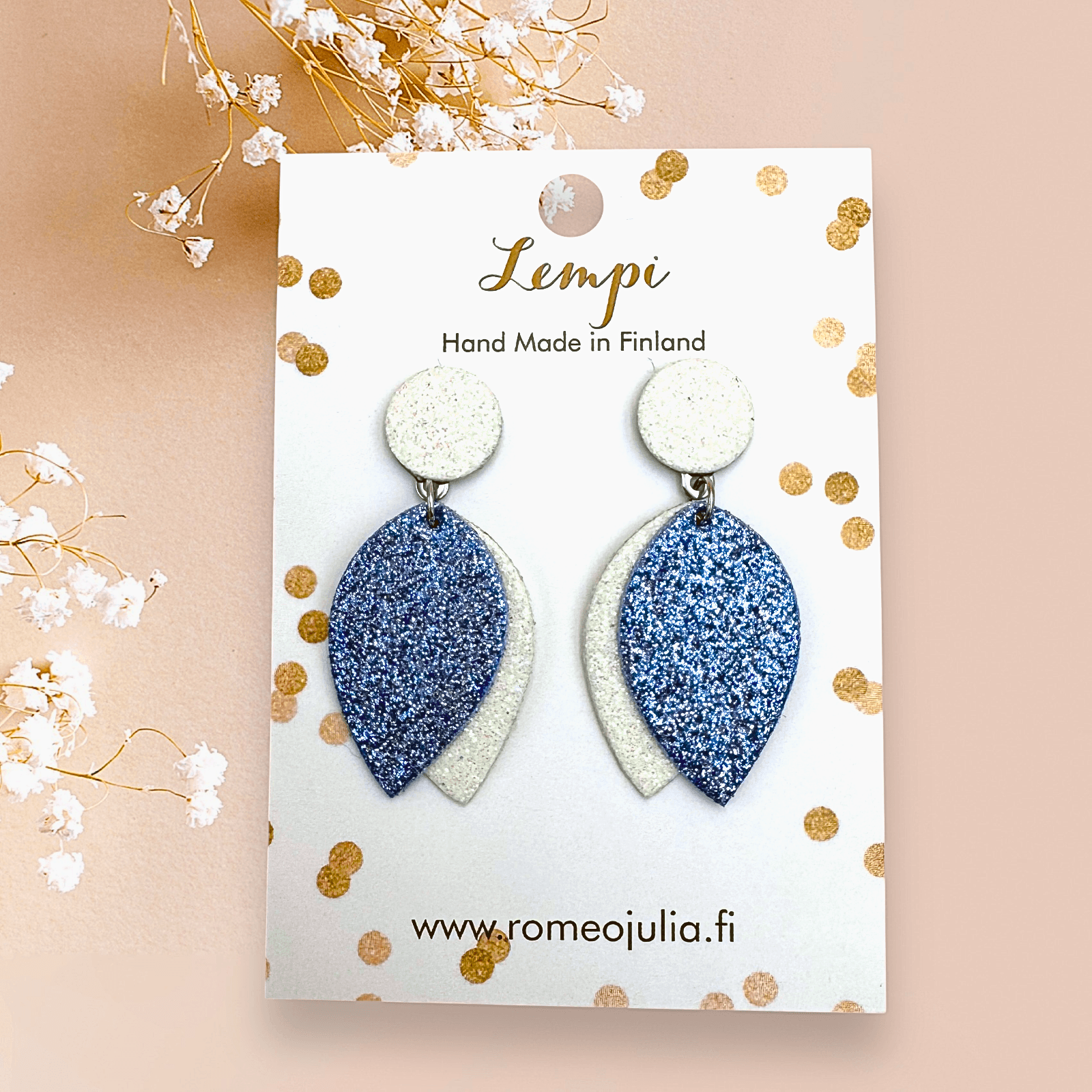 LEMPI® earrings, Bud (light blue &amp; white glitter)