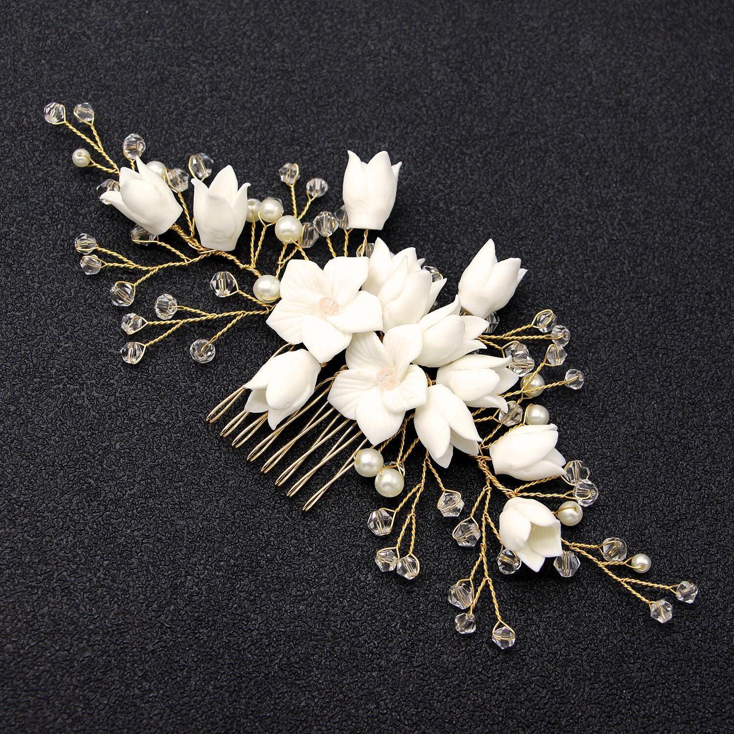 Hair ornament, ROMANCE | Rosy Cream -gold-tone flower hair ornament