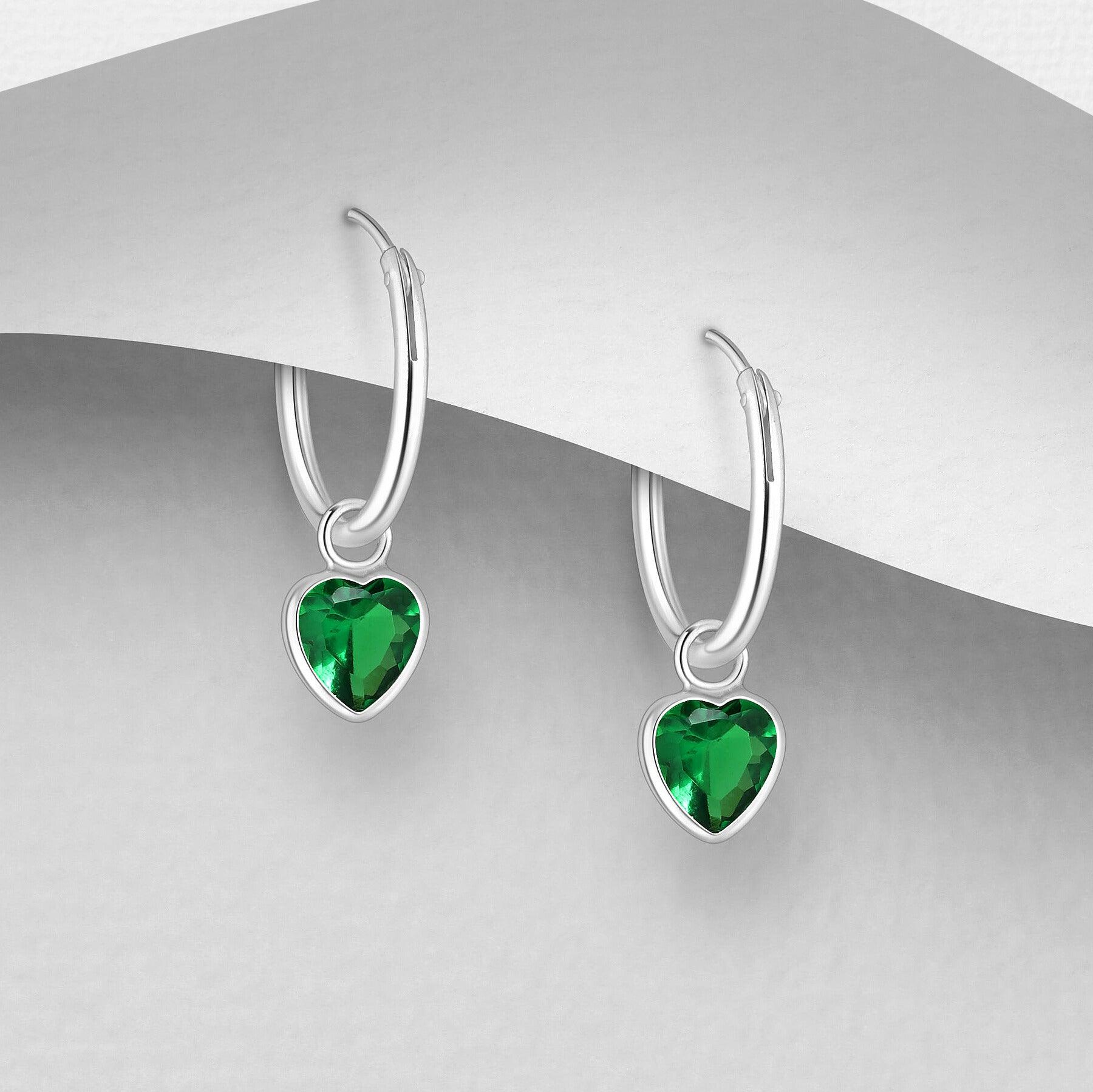 Silver Rings, CZ Huggie Hoops with Green Heart