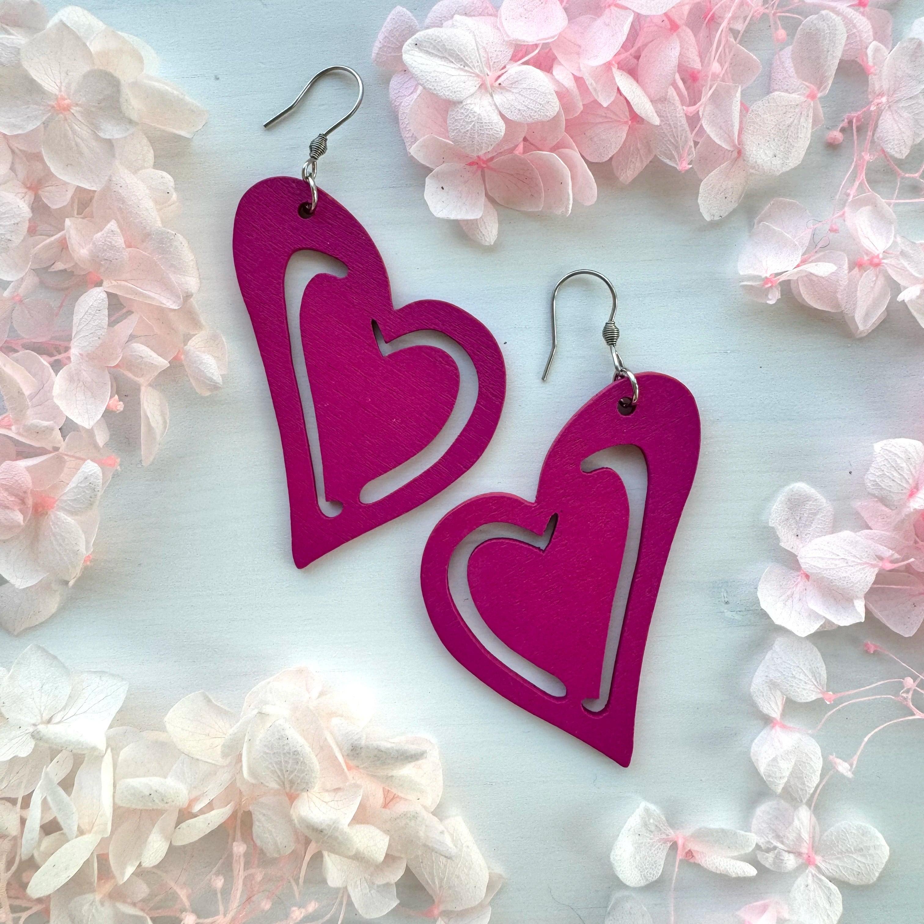 Wooden earrings, Elina -purple heart-shaped wooden earrings