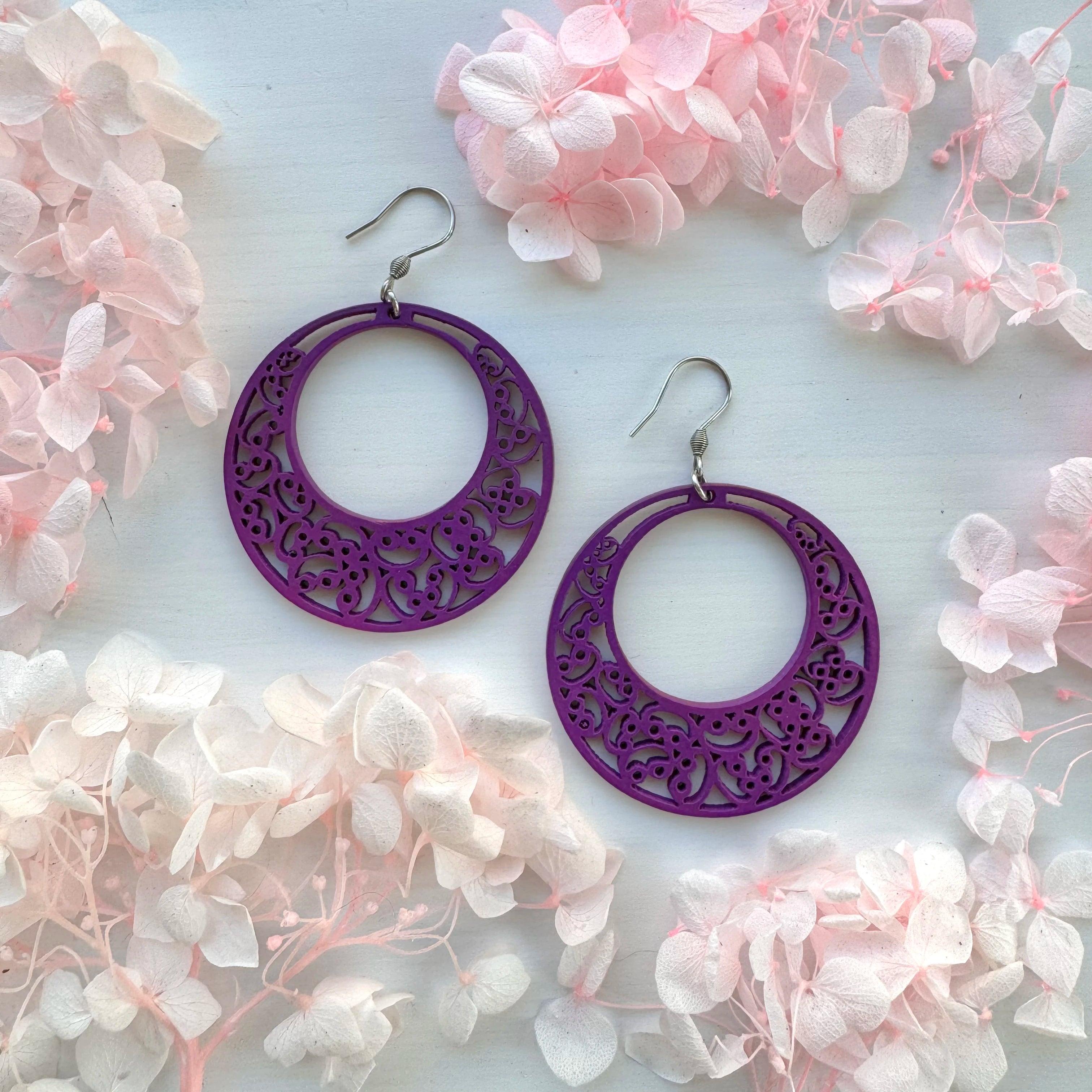 Wooden earrings, Lace ring (purple) - purple wooden earrings